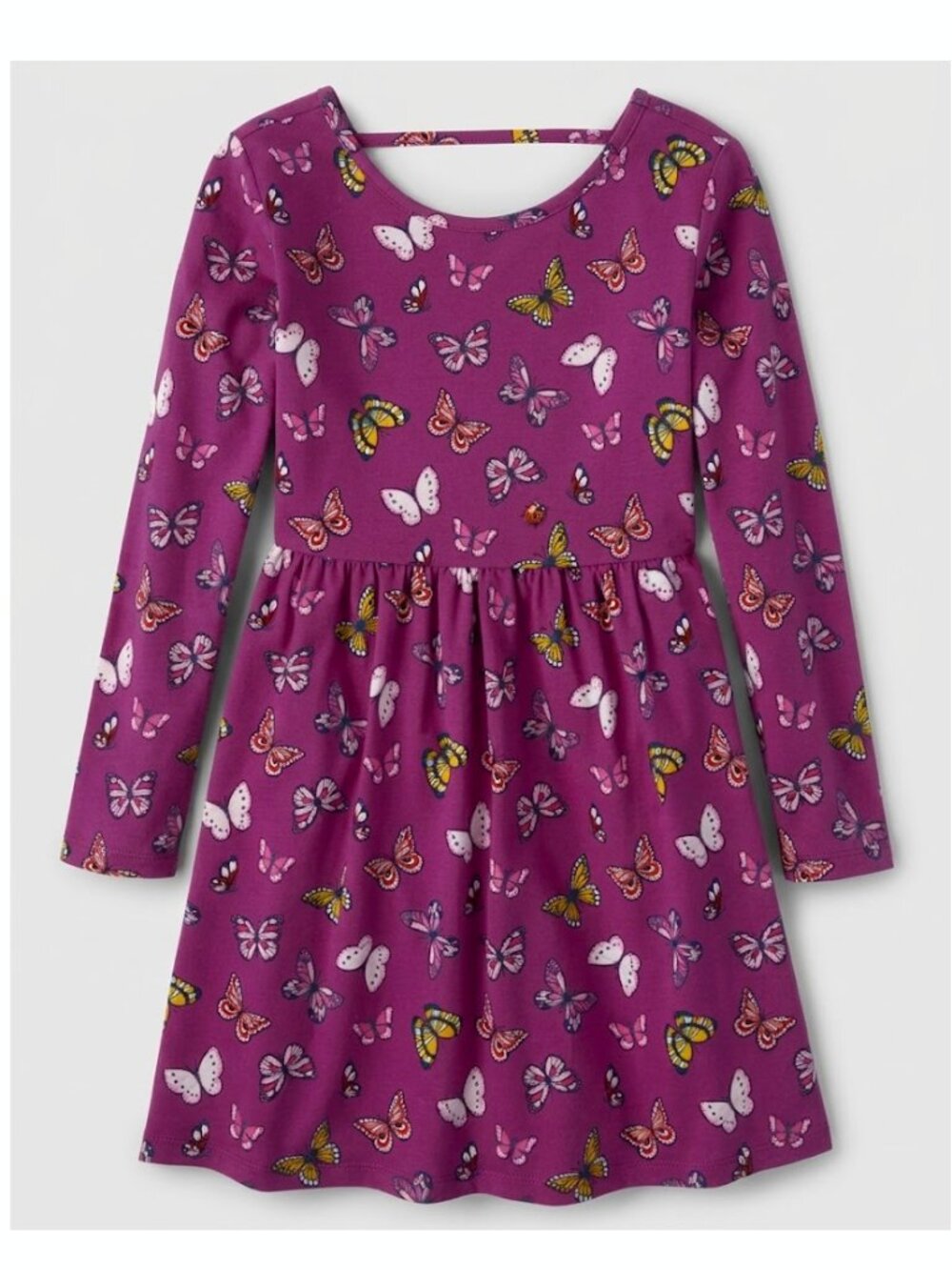 Girls Butterfly Print Long Sleeve Everyday Dress - burgundy
